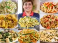Collage di piatti di pasta con verdure: farfalle con zucchine, rigatoni con pancetta, linguine con pomodorini e pinoli, spaghetti con verdure julienne e pasta con spinaci e acciughe.