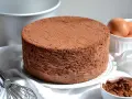Un soffice pan di spagna al cacao, pronto per essere farcito. Ingredienti base: uova, cacao e una frusta.