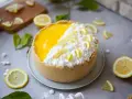 Delizioso cheesecake al limone con panna montata e fettine di limone, circondato da limoni freschi e foglioline verdi.