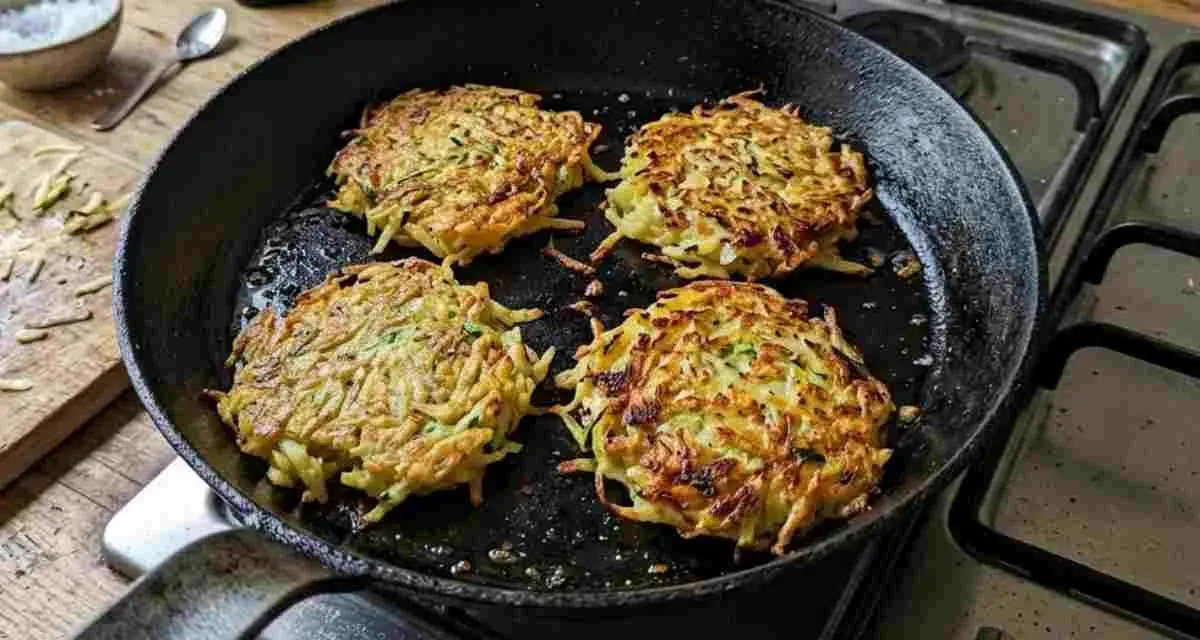 Quattro rosti di zucchine dorati e croccanti cuociono in padella, pronti per essere gustati.