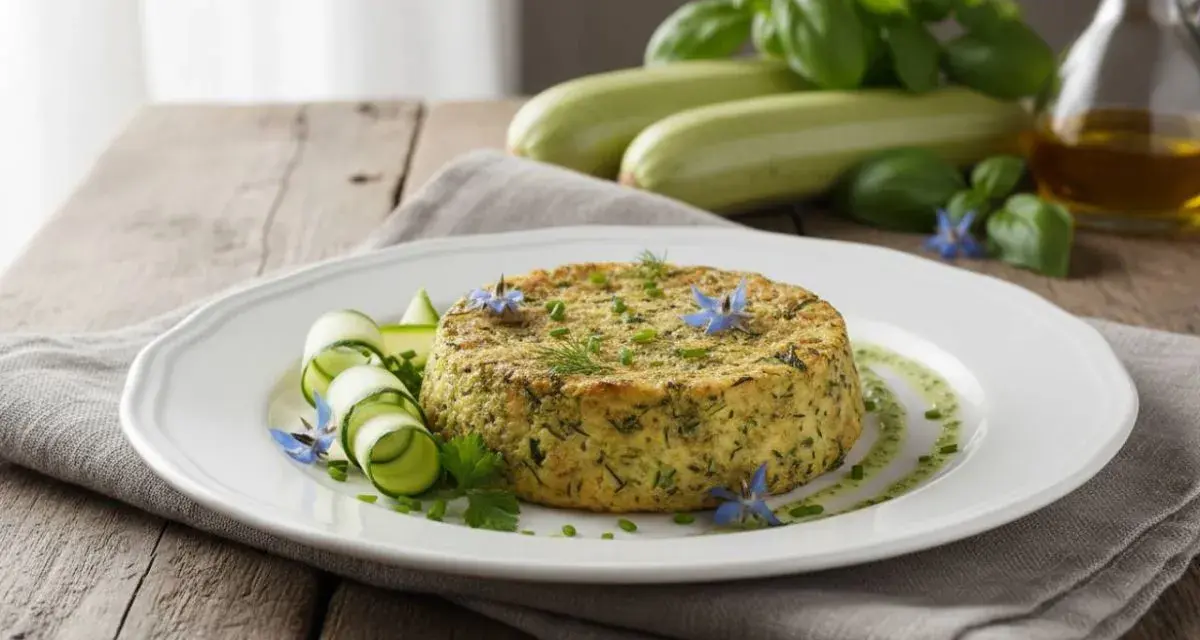 Delicato flan di zucchine, guarnito con fiori blu e rotolini di zucchina, su un piatto bianco.