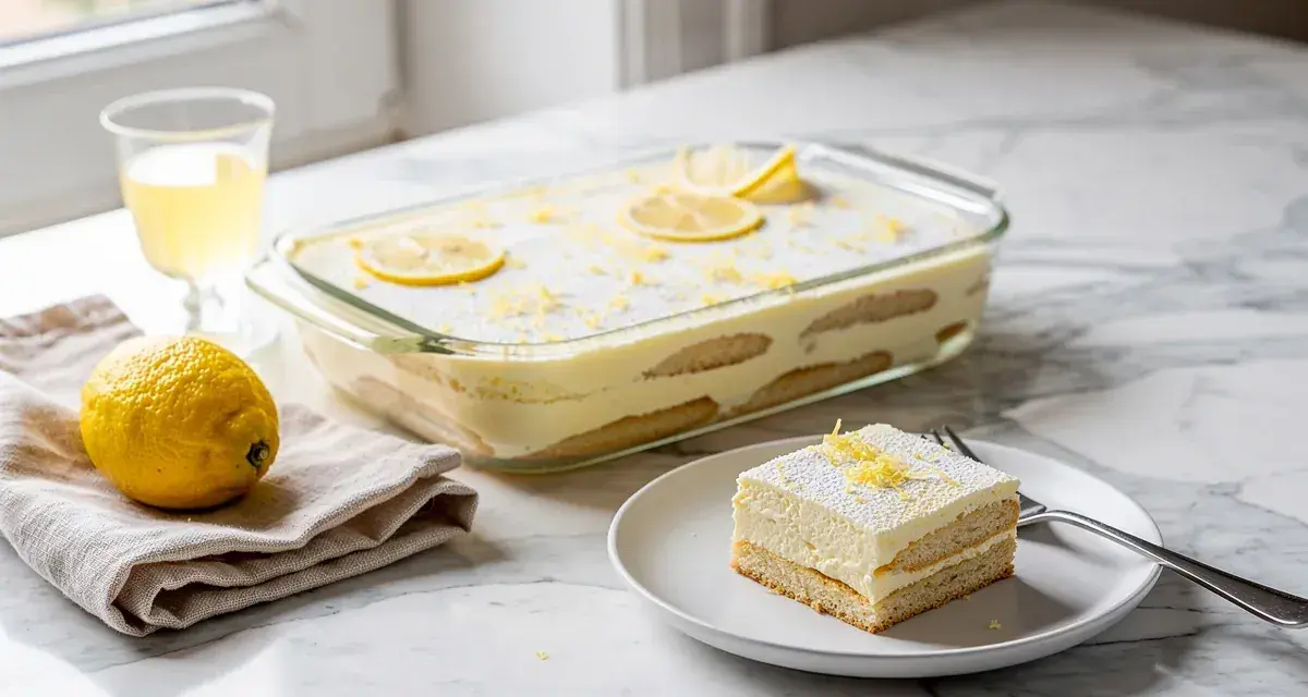 Un delizioso tiramisù al limone, con savoiardi e crema, guarnito con scorza di limone e fette.