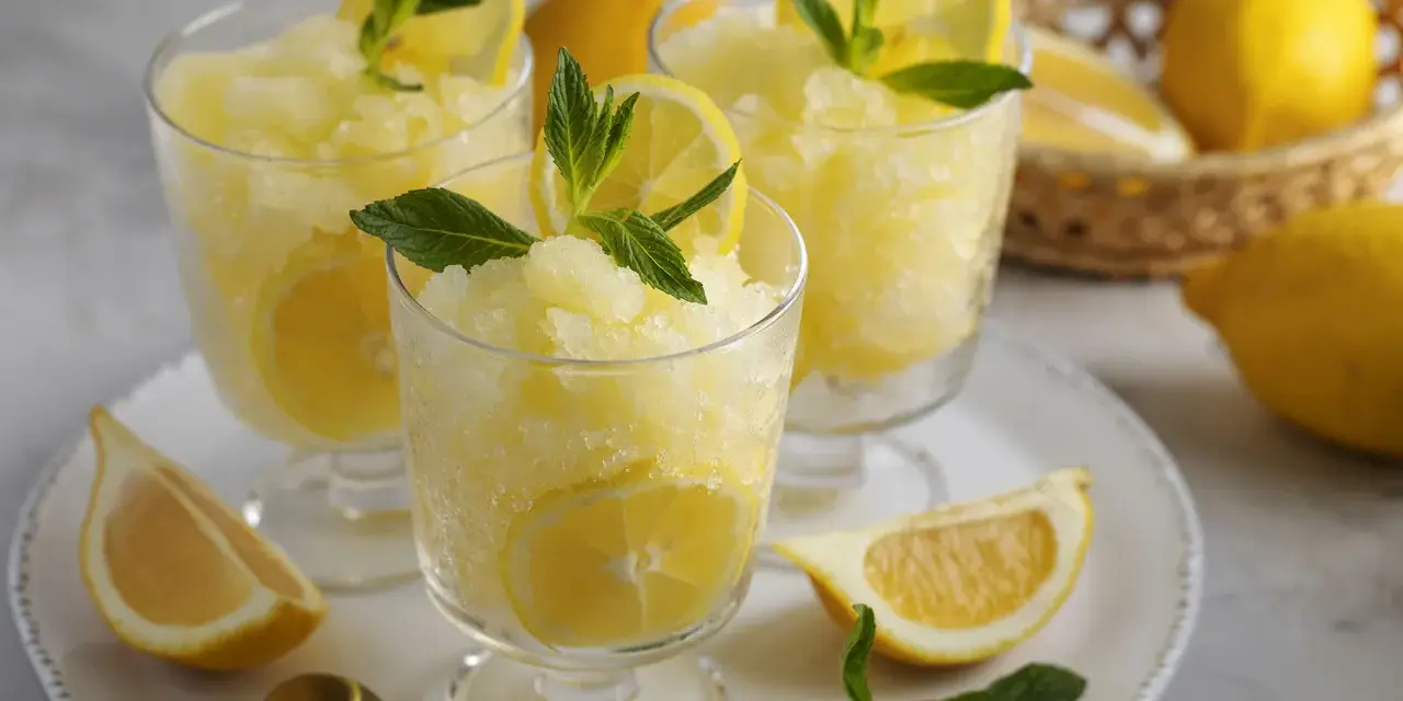 Tre bicchieri di rinfrescante granita al limone, guarniti con fettine di limone e foglie di menta. Limoni freschi in un cestino sullo sfondo.