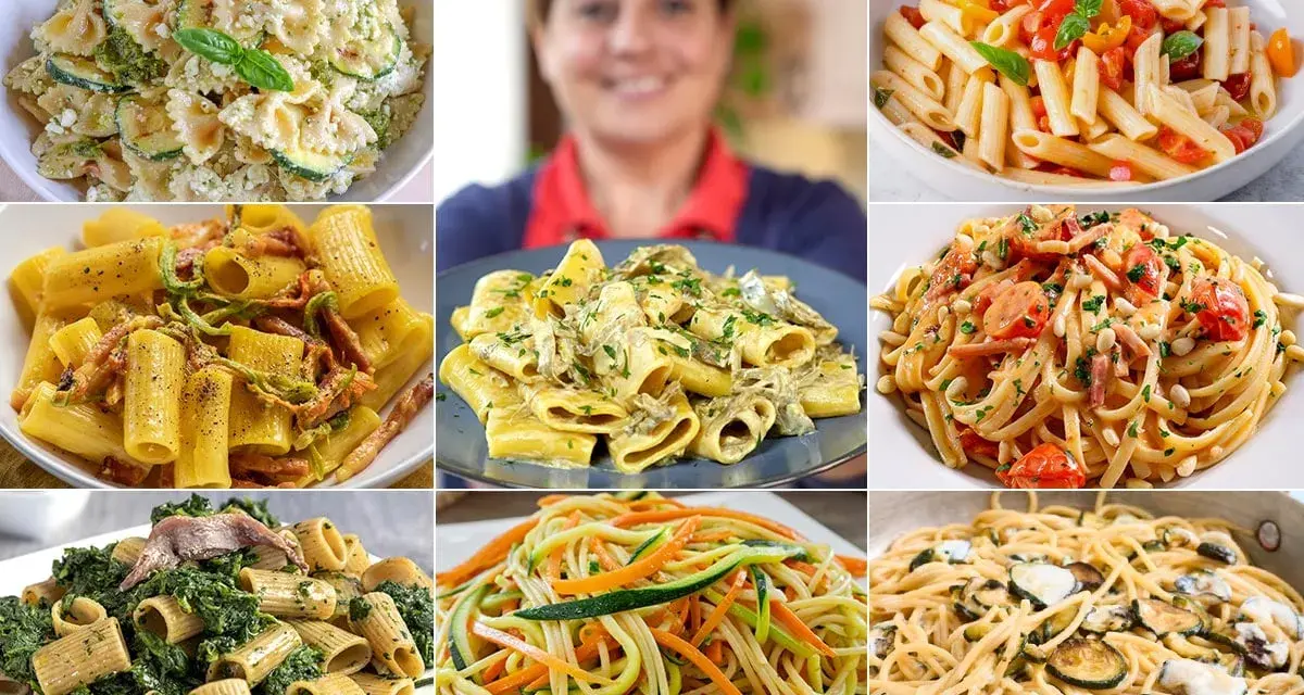 Collage di piatti di pasta con verdure: farfalle con zucchine, rigatoni con pancetta, linguine con pomodorini e pinoli, spaghetti con verdure julienne e pasta con spinaci e acciughe.