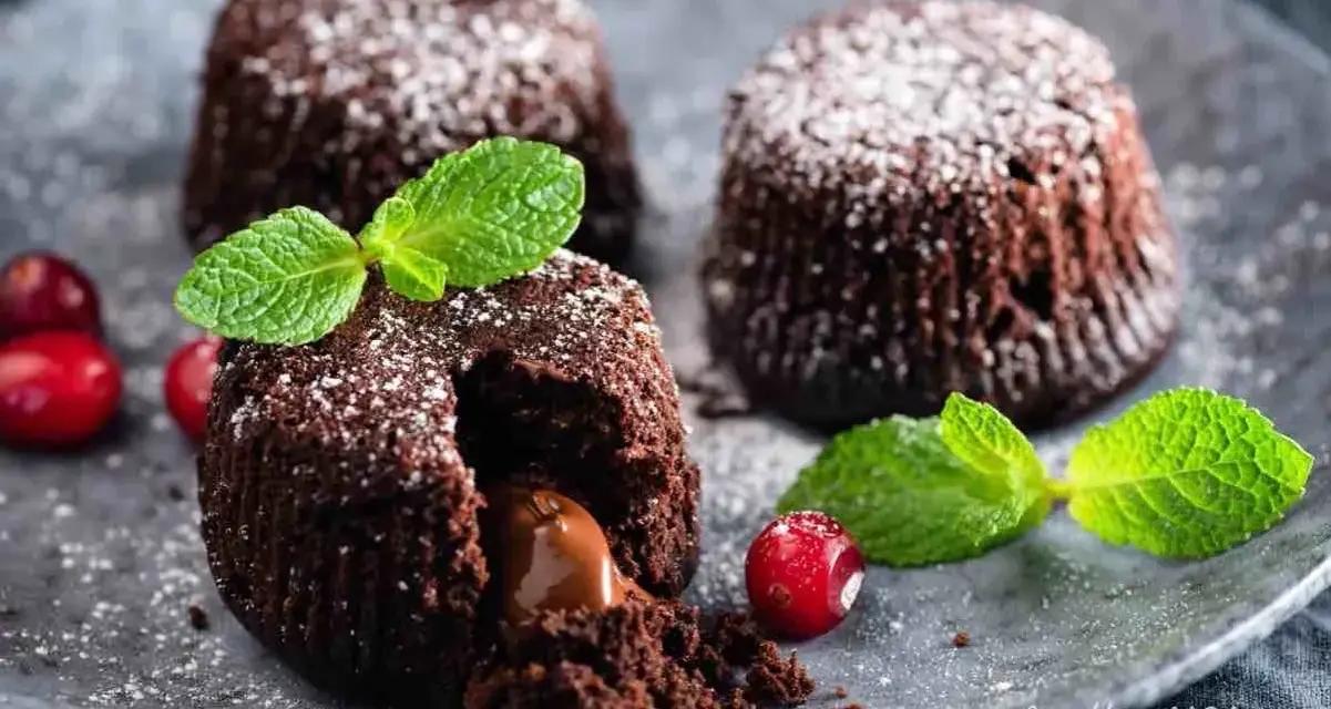 Tre tortini al cioccolato con cuore fondente, guarniti con menta e frutti rossi, spolverati di zucchero a velo.