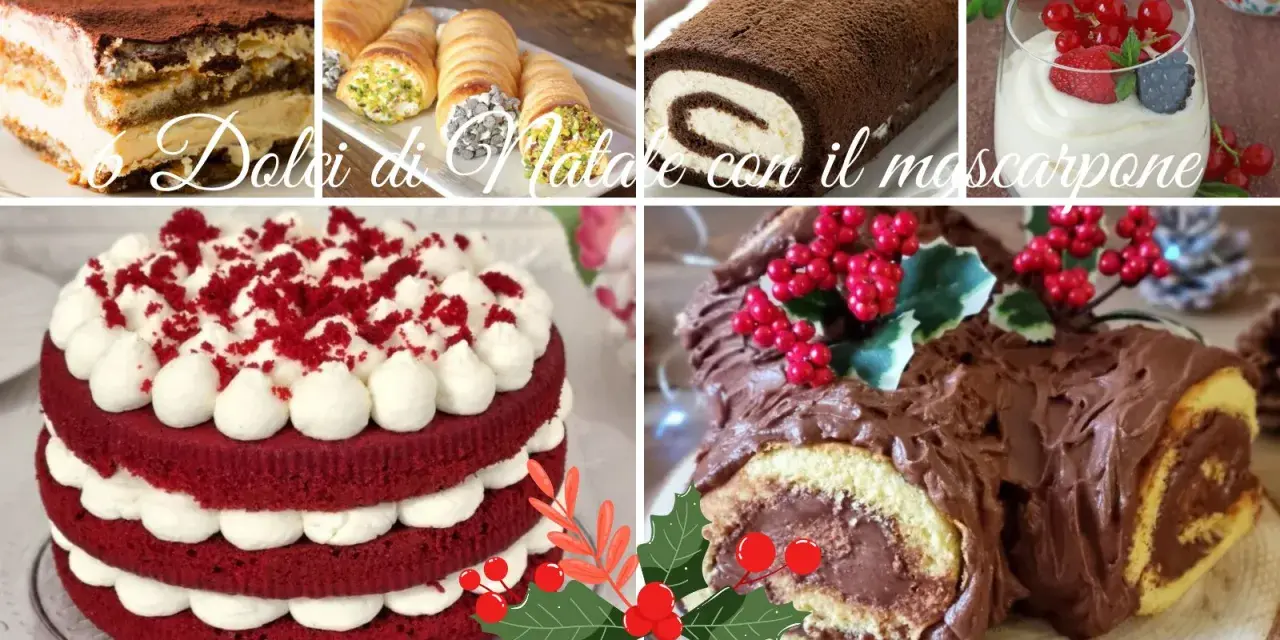 Collage di dolci natalizi: tiramisù, cannoli, tronchetto al cioccolato, torta Red Velvet e coppetta con frutti rossi. Tutti deliziosi dolci con mascarpone.