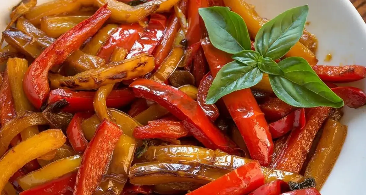 Peperoni in agrodolce, colorati e succosi, guarniti con basilico fresco. Un contorno saporito e invitante.