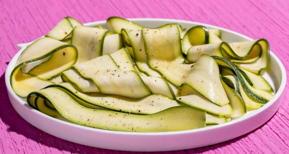 Fettine sottili di zucchine marinate crude, condite con pepe nero, su un piatto bianco, su un tavolo rosa acceso.