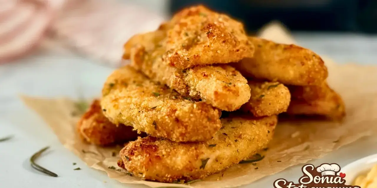 Croccanti bastoncini di pollo in friggitrice ad aria, dorati e saporiti, perfetti per un pasto veloce e gustoso.