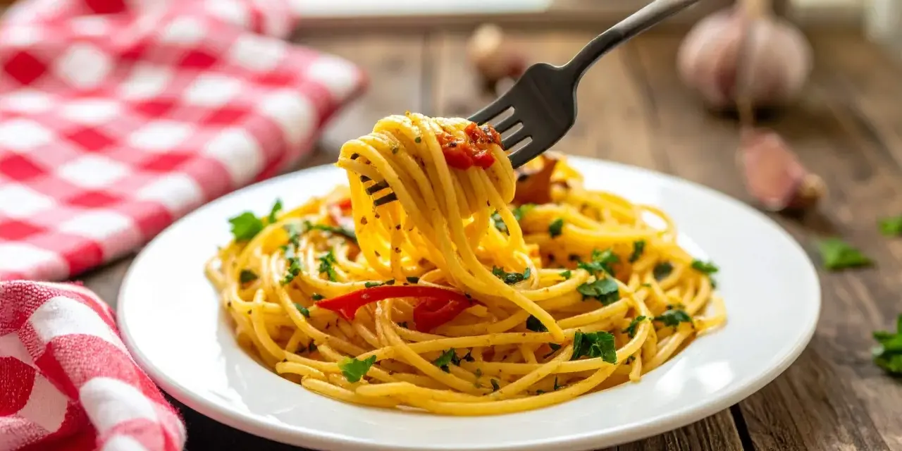 Un piatto di spaghetti alla carrettiera fumante, conditi con pomodoro, aglio e prezzemolo, pronti per essere gustati.