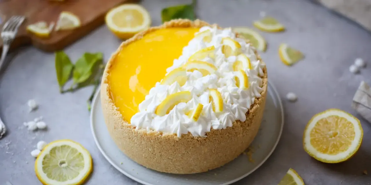 Delizioso cheesecake al limone con panna montata e fettine di limone, circondato da limoni freschi e foglioline verdi.
