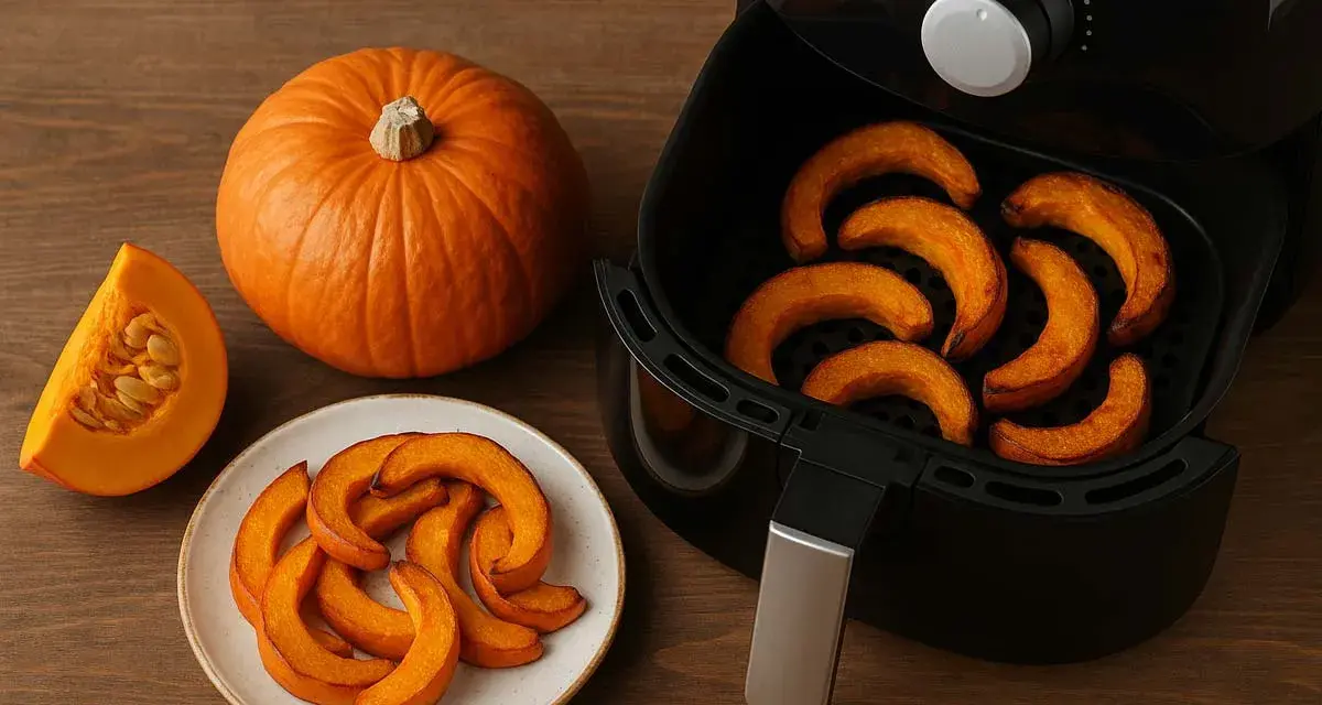 Fette di zucca dorate e cotte nella friggitrice ad aria, pronte per essere gustate.