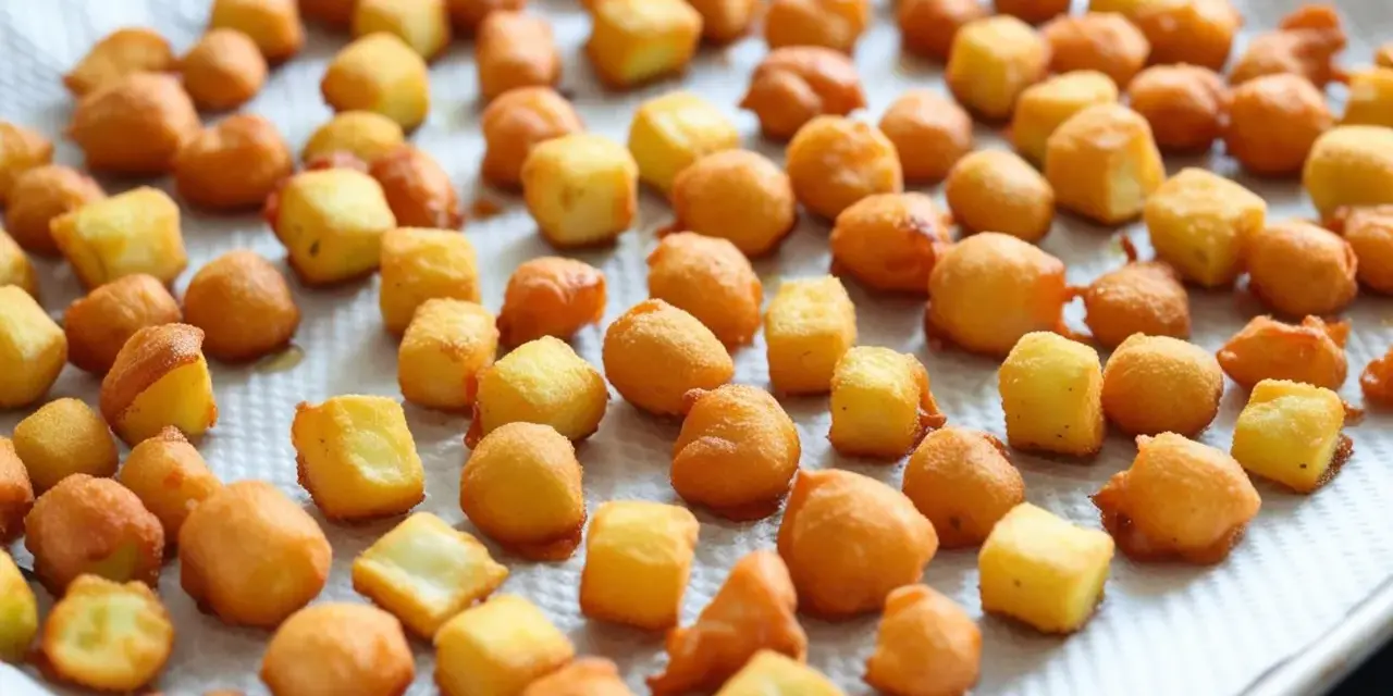 Frittelle di una volta dorate e croccanti, alcune a cubetti, altre tonde, adagiate su carta assorbente.