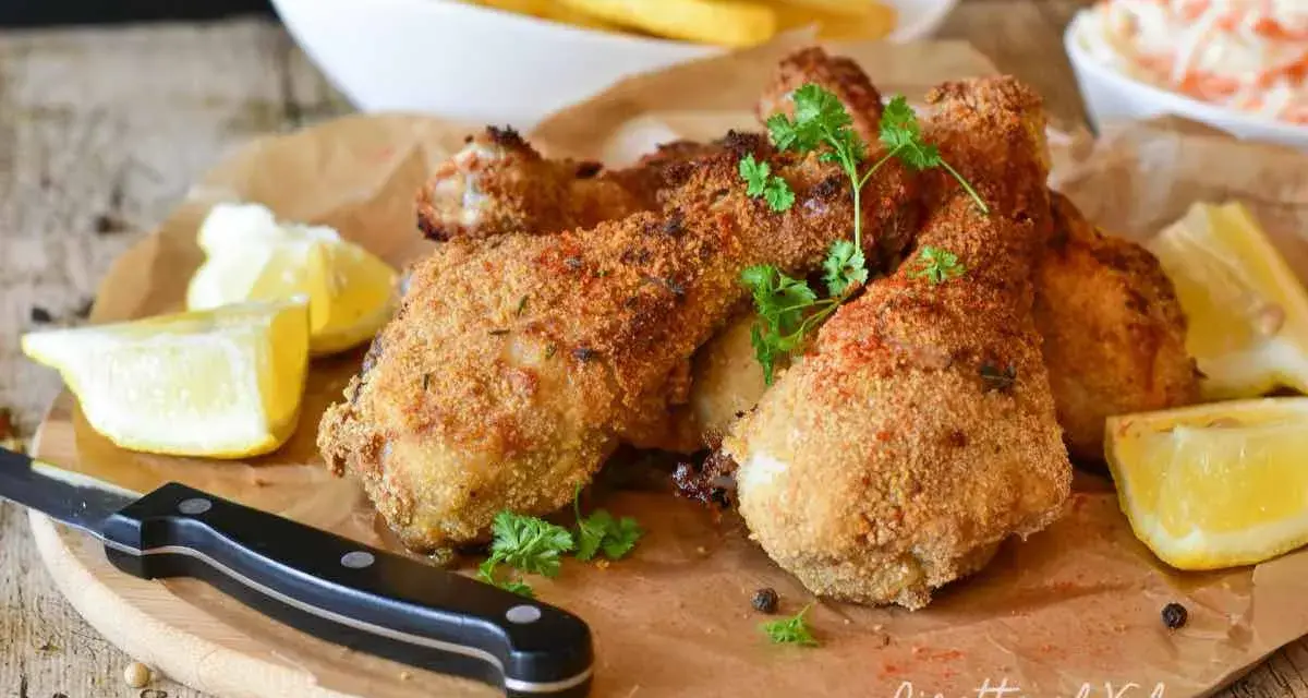 Fusi di pollo in friggitrice ad aria, dorati e croccanti, serviti con spicchi di limone e prezzemolo fresco.