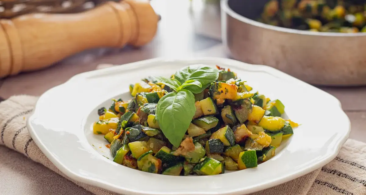 Zucchine in padella, un contorno saporito e colorato, guarnito con basilico fresco.