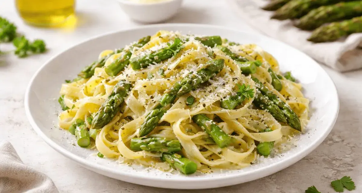 Un piatto invitante di pasta con asparagi freschi, condita con parmigiano grattugiato e prezzemolo.