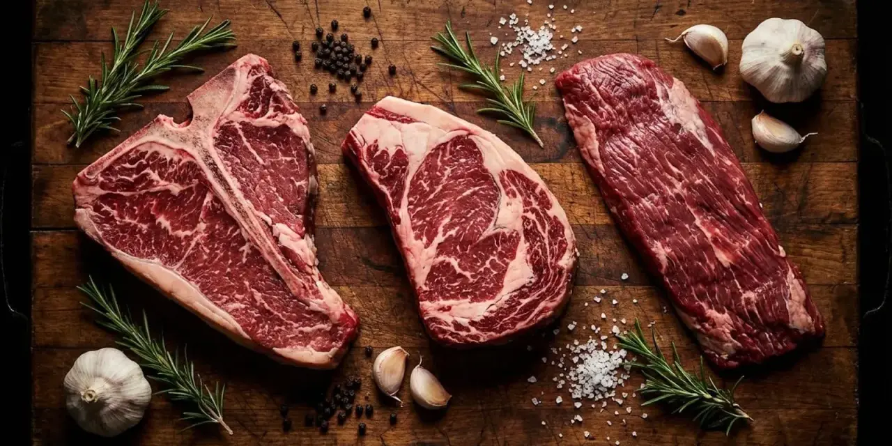Tre succulenti tagli di carne per una perfetta grigliata: T-bone, costata e scamone, con rosmarino, aglio e sale grosso.