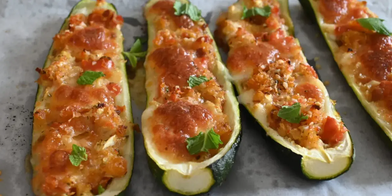 Zucchine tonde ripiene al forno, dorate e filanti, guarnite con foglie di menta fresca.