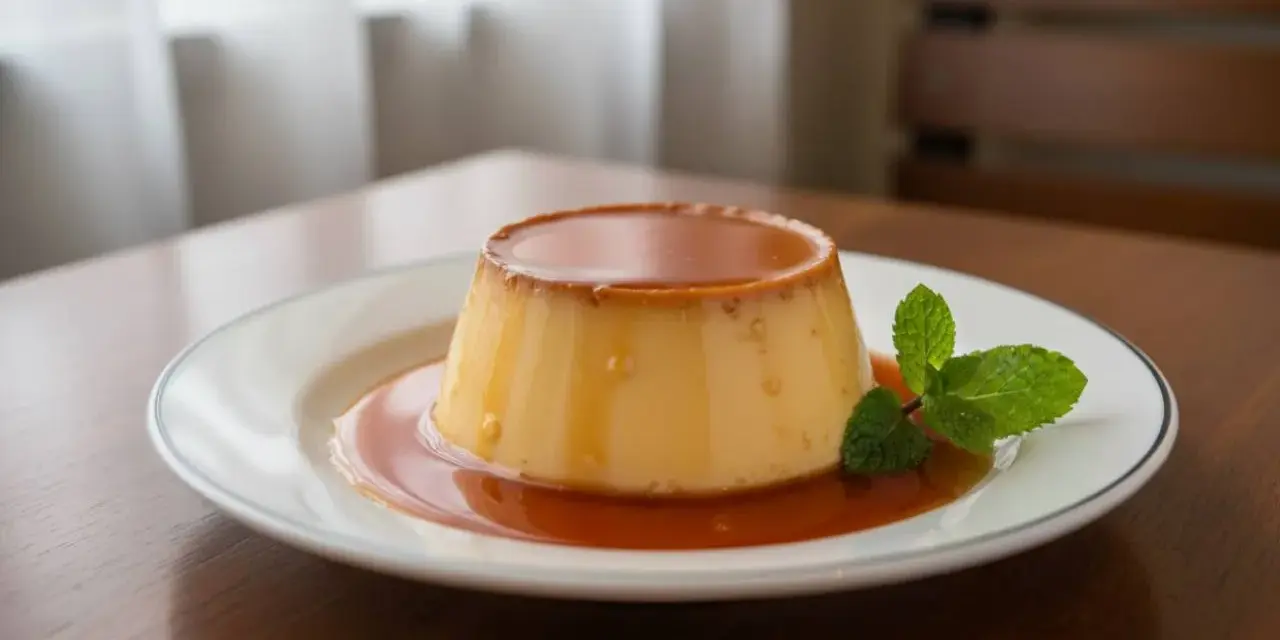 Budino fatto in casa con caramello dorato e una fogliolina di menta fresca, servito su un piatto bianco.