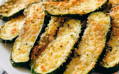 Fette di zucchine al forno dorate e croccanti, condite con pangrattato e erbe aromatiche. Un contorno saporito e leggero.