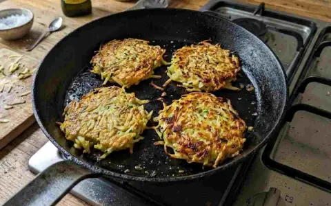 Quattro rosti di zucchine dorati e croccanti cuociono in padella, pronti per essere gustati.