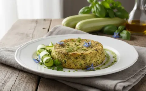 Delicato flan di zucchine, guarnito con fiori blu e rotolini di zucchina, su un piatto bianco.