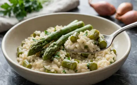 Un cremoso risotto con asparagi freschi, guarnito con prezzemolo tritato. Una forchettata mostra la consistenza perfetta.