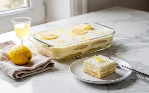 Un delizioso tiramisù al limone, con savoiardi e crema, guarnito con scorza di limone e fette.