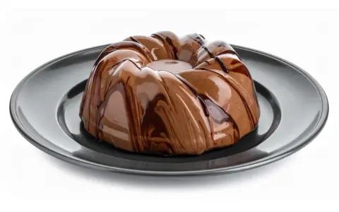 Bavarese al cioccolato con glassatura lucida e striature di cioccolato fondente su piatto scuro.