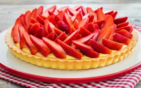 Una deliziosa crostata di fragole, con una base dorata e un ripieno cremoso, ricoperta da fragole fresche affettate.