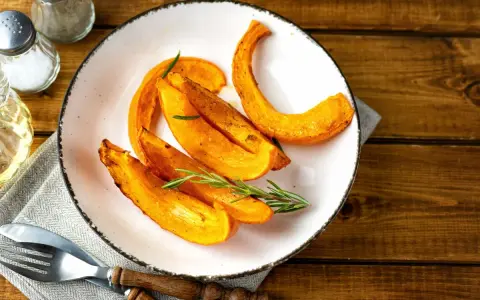 Fette di zucca al forno dorate e profumate, guarnite con rosmarino fresco, pronte per essere gustate.