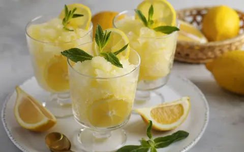 Tre bicchieri di rinfrescante granita al limone, guarniti con fettine di limone e foglie di menta. Limoni freschi in un cestino sullo sfondo.
