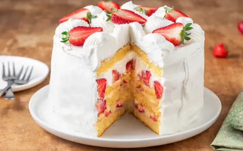 Torta panna e fragole, soffice e invitante, con strati di pan di Spagna, panna montata e fragole fresche, decorata con fragole a fette e ciuffi di panna.