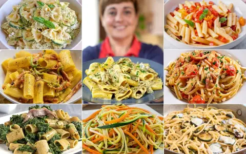 Collage di piatti di pasta con verdure: farfalle con zucchine, rigatoni con pancetta, linguine con pomodorini e pinoli, spaghetti con verdure julienne e pasta con spinaci e acciughe.