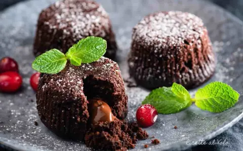 Tre tortini al cioccolato con cuore fondente, guarniti con menta e frutti rossi, spolverati di zucchero a velo.