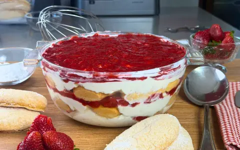 Un invitante tiramisù alle fragole in una ciotola di vetro, con savoiardi, crema e fragole fresche.