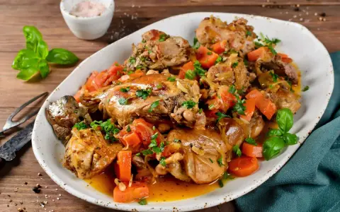 Un saporito coniglio in umido con carote e erbe aromatiche, servito su un piatto bianco.