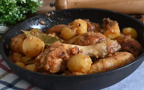 Un saporito pollo in umido con patate e alloro, cotto in una padella di ghisa, pronto per essere gustato.