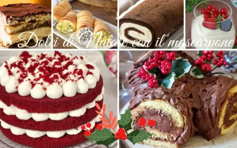 Collage di dolci natalizi: tiramisù, cannoli, tronchetto al cioccolato, torta Red Velvet e coppetta con frutti rossi. Tutti deliziosi dolci con mascarpone.