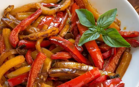 Peperoni in agrodolce, colorati e succosi, guarniti con basilico fresco. Un contorno saporito e invitante.