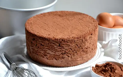 Un soffice pan di spagna al cacao, pronto per essere farcito. Ingredienti base: uova, cacao e una frusta.