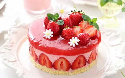 Deliziosa bavarese alle fragole, ricoperta da una gelatina rossa brillante e decorata con fragole fresche, menta e fiorellini bianchi.
