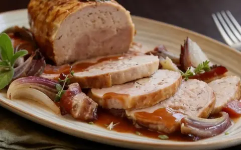 Un succulento arrosto di tacchino affettato, servito con cipolle rosse caramellate e salsa bruna su un piatto rustico.