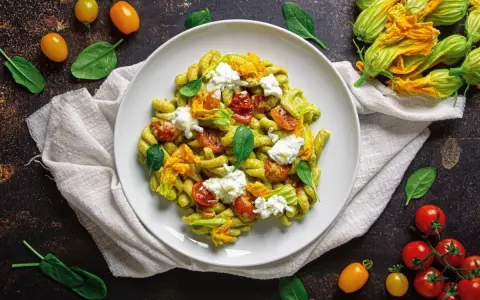 Piatto di pasta con crema di zucchine, pomodorini confit, fiori di zucca e ricotta fresca. Un tripudio di sapori estivi.