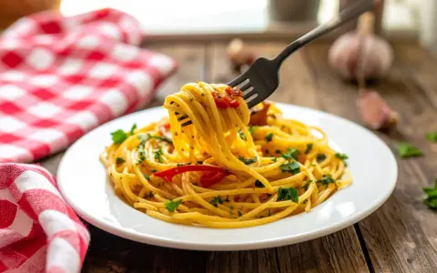 Un piatto di spaghetti alla carrettiera fumante, conditi con pomodoro, aglio e prezzemolo, pronti per essere gustati.