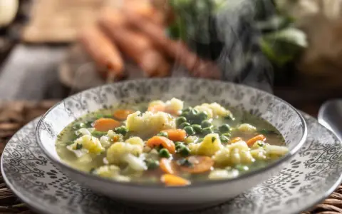 Zuppa fumante con cavolfiore, piselli e carote, arricchita da un tocco di panna da cucina per una cremosità avvolgente.