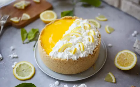 Delizioso cheesecake al limone con panna montata e fettine di limone, circondato da limoni freschi e foglioline verdi.