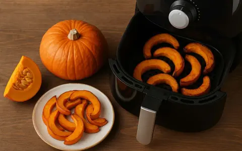 Fette di zucca dorate e cotte nella friggitrice ad aria, pronte per essere gustate.