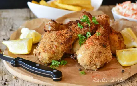 Fusi di pollo in friggitrice ad aria, dorati e croccanti, serviti con spicchi di limone e prezzemolo fresco.
