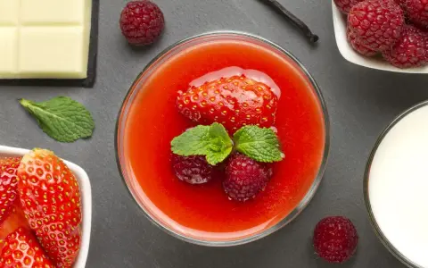 Delizioso coulis di fragole guarnito con fragola, lamponi e menta. Accanto, cioccolato bianco, lamponi freschi e un bicchiere di latte.